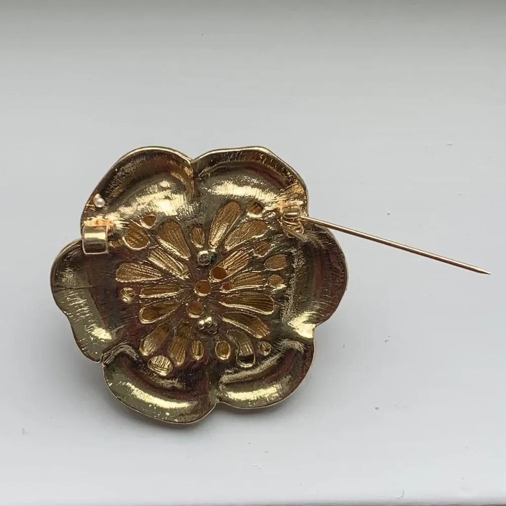 Camellia Lapel Pin in Pink Enamel with Faux Pearls & Gold Tone Bro-Brooch